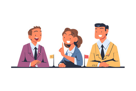 People Characters Having Negotiation Sitting at Negotiating Table Vector Illustrationのイラスト素材