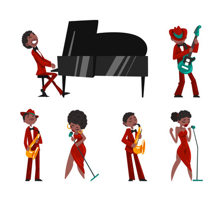 People Characters Jazz Solo Musicians Playing Musical Instrument and Singing with Microphone on Stage Vector Setのイラスト素材