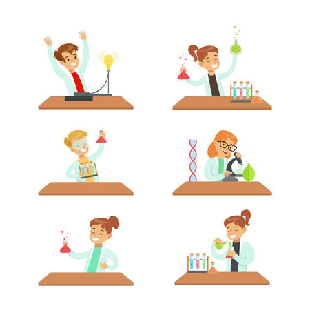 Smart Kids Doing Chemical Experiments in Science Lab with Flasks Vector Setのイラスト素材