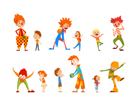 Funny Man Clown Character in Colorful Costume Entertaining Kids Vector Setのイラスト素材