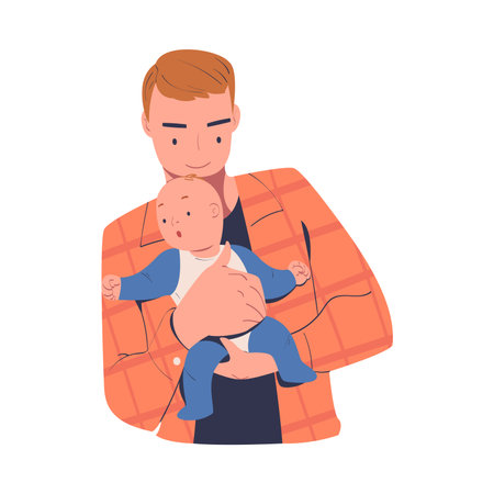 Dad holding his baby with tenderness. Cheerful father hugging newborn baby expressing love and care cartoon vector illustrationのイラスト素材