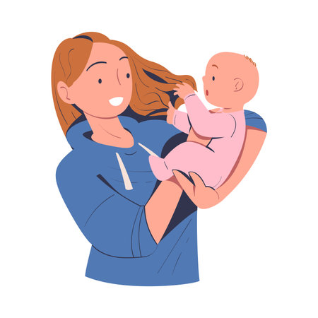 Happy mom holding baby in her arms. Mother embracing newborn baby expressing love and care cartoon vector illustrationのイラスト素材