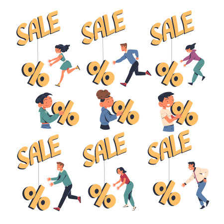 People Characters on Discount Hook with Sale and Percentage Sign Vector Setのイラスト素材