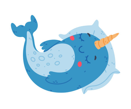 Funny cute baby narwhal sleeping on pillow. Sea mammal animal cartoon character vector illustrationのイラスト素材