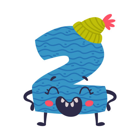 2 cute funny number character with funny smiling face. Two comic childish bright colorful numeral, math symbol cartoon vector illustrationのイラスト素材