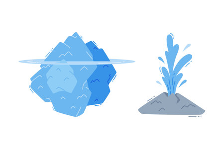 Fountain Springing Pure Organic Water Out of Ground and Iceberg Vector Setのイラスト素材