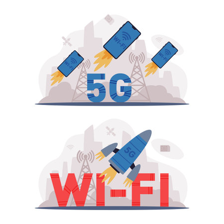 5G Network Wireless Technology and High-speed Internet Vector Setのイラスト素材
