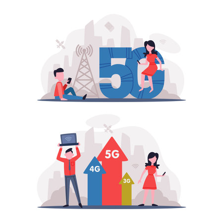 5G Network Wireless Technology with Man and Woman Using High-speed Internet Vector Setのイラスト素材
