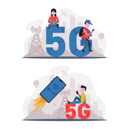 5G Network Wireless Technology with Man and Woman Using High-speed Internet Vector Setのイラスト素材