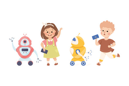 Little Boy and Girl with Robot Engineering Smart Technology and Artificial Intelligence Vector Setのイラスト素材