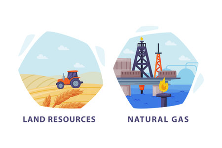 Natural Resource with Land and Natural Gas Hexagonal Shape Picture Vector Setのイラスト素材