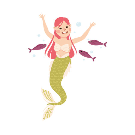 Mermaid with Wavy Hair Floating Underwater Vector Illustrationのイラスト素材