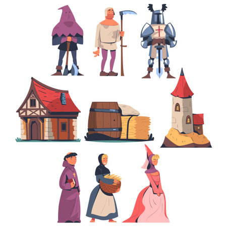 People from Middle Ages with Knight, Headsman, Peasant and Priest Vector Setのイラスト素材