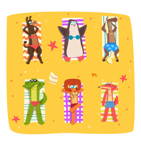 Animals Sunbathing on Beach Lying on Blanket on Sand Top View Vector Setのイラスト素材