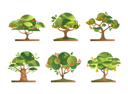 Different Fruit Trees with Green Crown and Trunk Flat Vector Setのイラスト素材