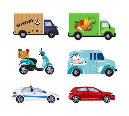 Delivery and Grocery Truck, Scooter, Milk Van, Police and Passenger Car as City Traffic Side View Vector Setのイラスト素材