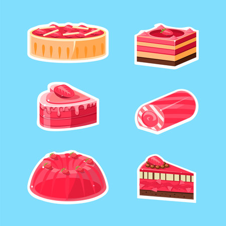 Sweet and Sugary Strawberry Dessert with Topping Vector Sticker Setのイラスト素材