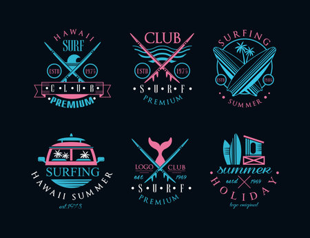 Surf Club Logo and Summer Holiday Beach Label with Surfboard and Palm Vector Setのイラスト素材