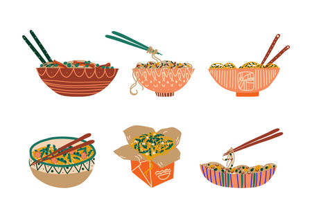 Stir-fried Prepared Udon Noodle Served in Carton Box and Bowl Vector Setのイラスト素材