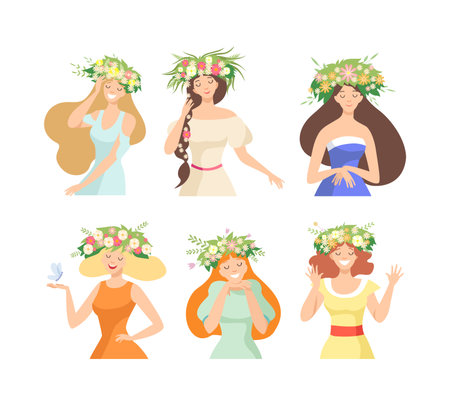 Young Female with Splendid Hair Having Floral Wreath on Her Head Vector Setのイラスト素材