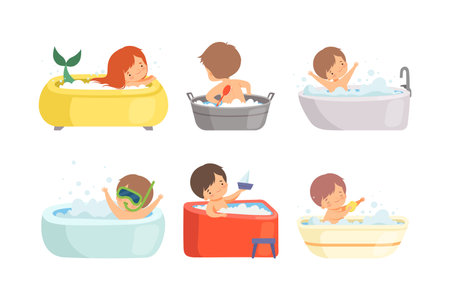 Cute kids taking bubble bath set. Happy little boys and girls having fun in the bathtub cartoon vector illustration iのイラスト素材