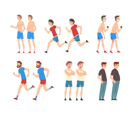 Fat and slender male characters set. Young men before and after diet and sport. Weight loss concept cartoon vector illustrationのイラスト素材