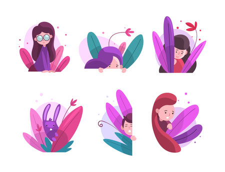 Cute kids and purple rabbit peeking out from bushes set. Lovely kids hiding in dense grass. Kids imagination concept cartoon vector illustrationのイラスト素材
