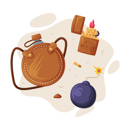 Alcohol Flask, Bomb with Wick and Lighter as Wild West Object Vector Compositionのイラスト素材