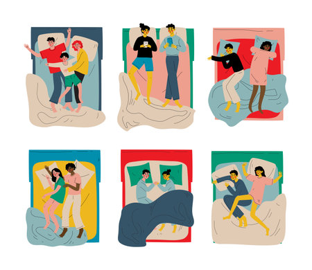 Set of different people sleeping and resting in beds. View from above of asleep couples and families cartoon vector illustrationのイラスト素材