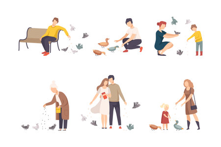 People feeding pigeons and ducks while walking set cartoon vector illustrationのイラスト素材