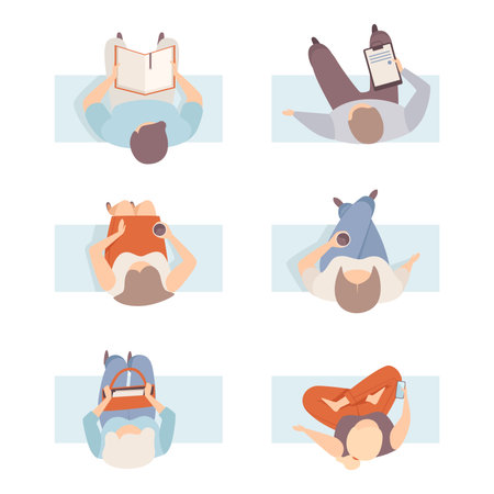 View from above of people sitting on chairs set. Top view of sitting men and women doing different activities flat vector illustrationのイラスト素材