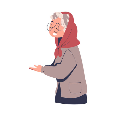 Poor Homeless Senior Woman Waiting in Queue for Free Food and Donation Vector Illustrationのイラスト素材