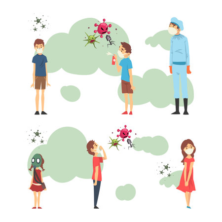 Set of people wearing medical masks protecting themselves from virus and bacterias cartoon vector illustrationのイラスト素材