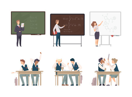 Students sitting in class with teachers teaching at blackboard. Teenage students in uniform sitting at desks, teacher explain math and physics flat vector illustrationのイラスト素材