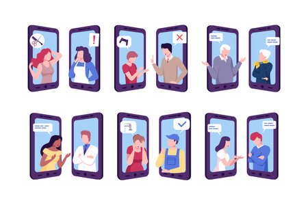 Specialists consulting people online set. Clients chatting via smartphones cartoon vector illustrationのイラスト素材