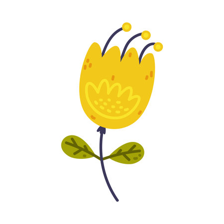 Floral Twig with Yellow Flower Bud and Leaves as Cute Foliage Vector Illustrationのイラスト素材