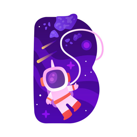 Space Letter B as Font and Alphabet Capital Bold Figure with Astronaut Vector Illustrationのイラスト素材