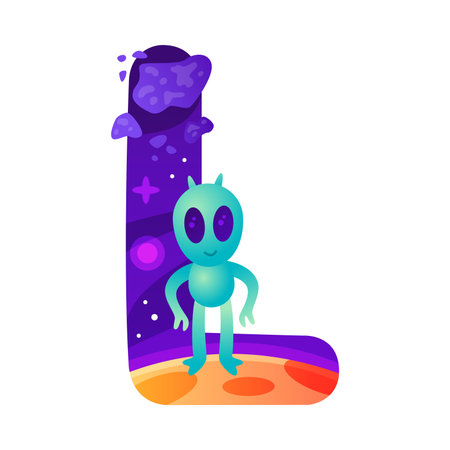 Space Letter L as Font and Alphabet Capital Bold Figure with Alien Vector Illustrationのイラスト素材