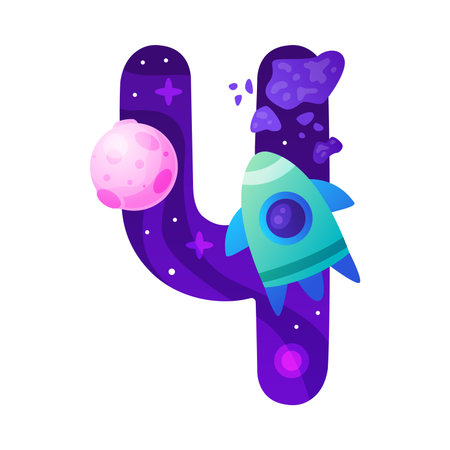 Space Number Four as Cosmic Numeral with Rocket and Planet Vector Illustrationのイラスト素材