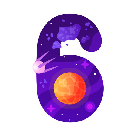 Space Number Six as Cosmic Numeral with Satellite Vector Illustrationのイラスト素材