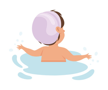 Happy Boy in Swimming Pool Wearing Cap Splashing in Water Back View Vector Illustrationのイラスト素材