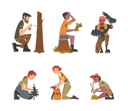 Forest Rangers Working at National Park Caring About Nature Vector Setのイラスト素材