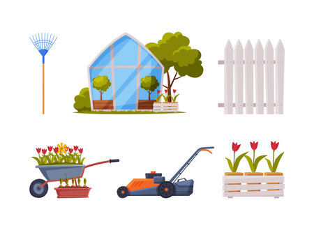 Garden with Greenhouse, Flowerbed, Mowing Machine, Fence and Rake Vector Setのイラスト素材