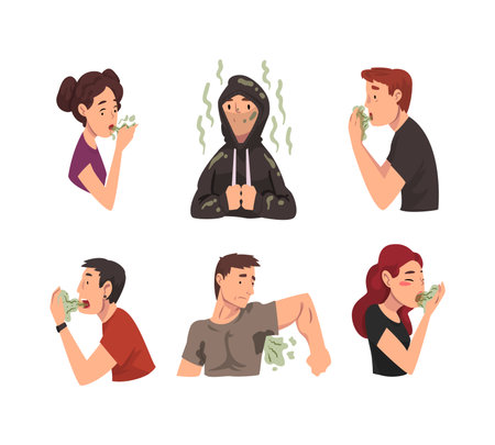 Stinky Man and Woman Character Having Bad Odor from Their Clothes, Mouth and Armpit Vector Setのイラスト素材