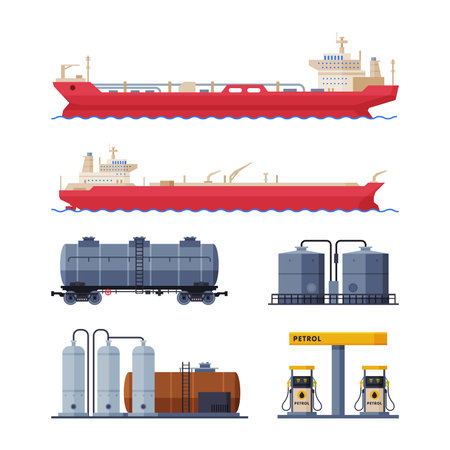 Oil and Petrol Industry with Tanker, Cistern and Station Vector Setのイラスト素材