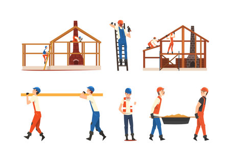 Man Builder Character in Overall and Hard Hat Building House Vector Setのイラスト素材