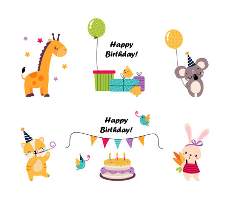 Cute Animal Characters Celebrating Birthday Holiday with Cake, Gift and Balloons Vector Setのイラスト素材