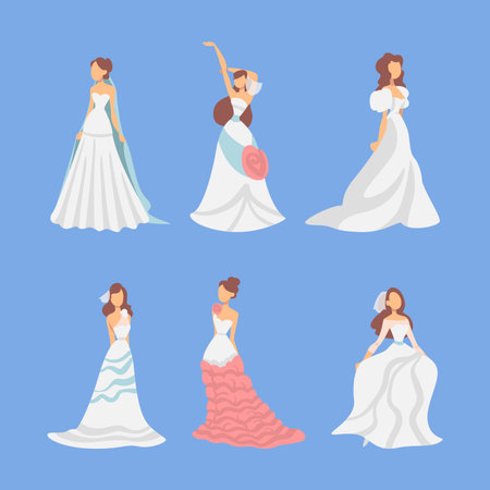 Bride in White Wedding Dress Standing as Newlywed or Just Married Female on Blue Background Vector Setのイラスト素材