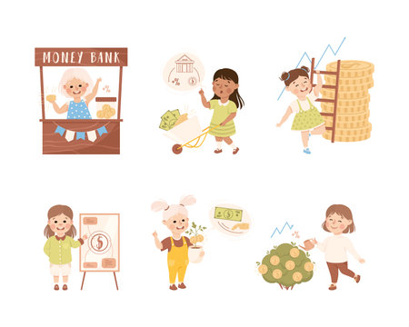 Little Girl Engaged in Economic Education and Financial Literacy Learning Saving and Investing Money Vector Setのイラスト素材
