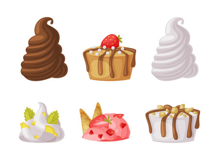 Ice Cream Parts with Fruit and Chocolate Swirl Vector Setのイラスト素材